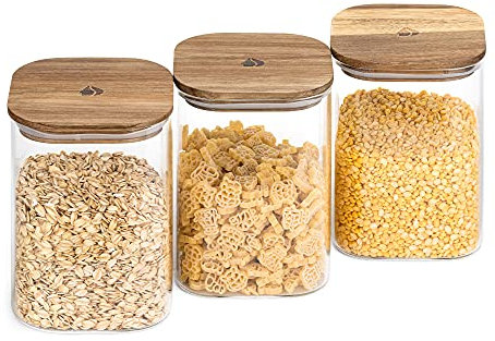 Navaris 3x Bote de cristal con tapa de madera - Set de tarros de 1 L para almacenamiento de alimentos pasta harina legumbres - Frascos para la cocina
