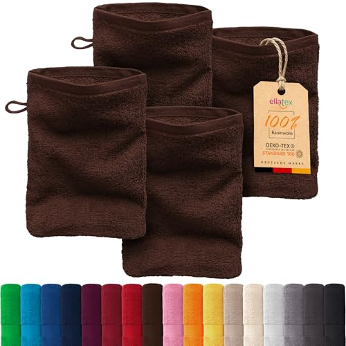 EllaTex Paris 4er Set Waschhandschuhe 15x21 cm – 100% Baumwolle, 500 g/m² Frottier, flauschig, Farbe: Chocolate