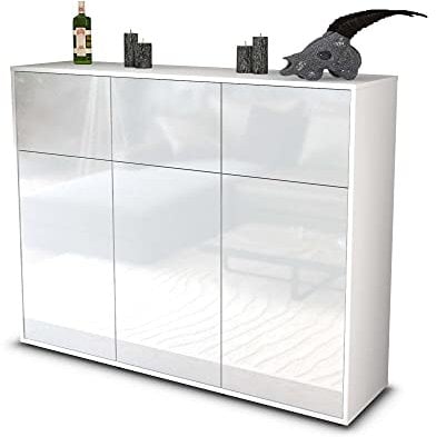 Stil.Zeit Highboard Kommode Marisa, Korpus Weiss matt, Front Hochglanz-Design Weiß (136x108x35cm), Push-to-Open Technik & Leichtlaufschienen