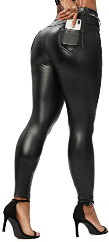 SEASUM Women's Faux Leather Leggings Pants PU Elastic Shaping Hip Push Up Black Sexy Stretchy High Waisted Tights M