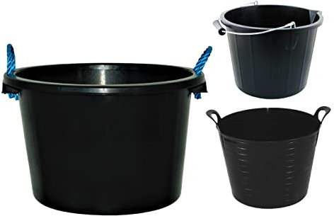 TENLITE [Set of 3] 45L Heavy Duty Plaster Mixing Cement Muck Water Tub/Bucket, 3 Gallon Strong Plastic Builders Storage Bucket, And 26L Garden Storage Container Bucket Polyethylene Flexi Tub - Black