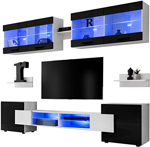ExtremeFurniture Vision Wohnwand, Karkasse in Weiß Matt/Front in Schwarz Hochglanz mit LED in blau