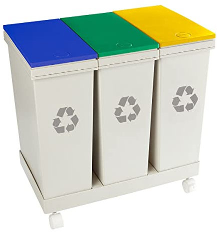 genialo Mülltrennsystem 3 Fächer à 20 l, auf Rollen, mit Deckel, Mülleimer mit Henkeln einzeln entnehmbar, Sammelbehälter 60l, Recycling System, 53x33,5x52,5 cm, bunt