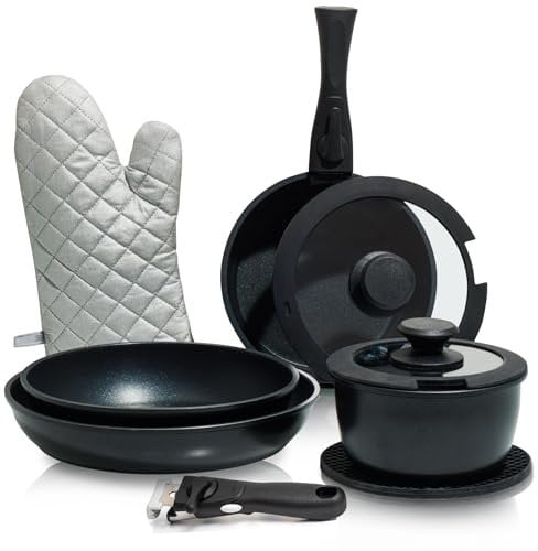 Moss & Stone Topf- und Pfannenset, antihaftbeschichtet, abnehmbarer Griff, stapelbare Töpfe und Pfannen, spülmaschinenfest, Induktionstöpfe und Pfannen, Aluminium-Camping-Kochgeschirr-Set (10-teiliges