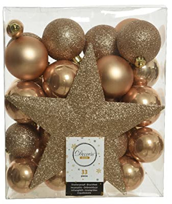 Kaemingk Weihnachtskugeln Kunststoff 5-8cm mit Christbaumspitze Stern 33er Set bruchsicher beige Creme Sand