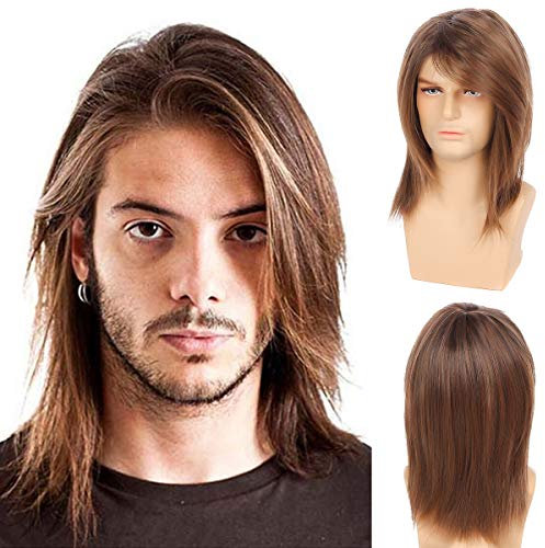 Baruisi Mens Wig Brown Long Straight Synthetic Cosplay Halloween Hair Wigs for Fancy Dress