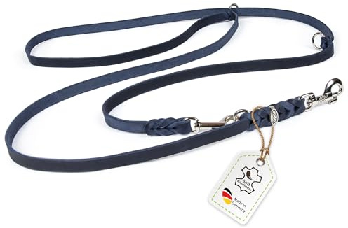 Hundeleine große Hunde Leder Fettlederleine [3-Fach Verstellbar] Lederleine geflochten – robuste Leine Hund mit Chrombeschlägen, Führleine Hund & Freihandleine – Dog Leash Blau 3,50m 20mm
