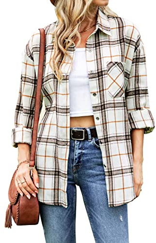 Megfie Chemise surdimensionnée à carreaux en flanelle douce et boutonnée pour femme, à manches longues, en flanelle, White, XX-Large