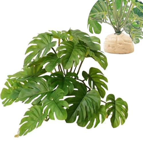 KERUIDENG Piante per rettili per decorazione terrario, decorazione per habitat anfibio, piante artificiali per geco, camaleonte, serpente, tartaruga, accessori con base (Monstera deliciosa)