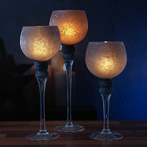 Kerzenhalter Kelch 3er Set Windlicht Glas 3 Höhen Teelichthalter in Kelchform Dekokelch Dekoglas Kerzenständer (grau satiniert)
