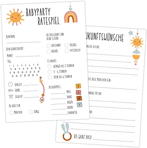 Babyparty Spiele (25 Karten - beidseitig bedruckt) - Deutsch - Babyshower Spiele für Junge und Mädchen - Deko Baby Shower Party Spiel - Sonne