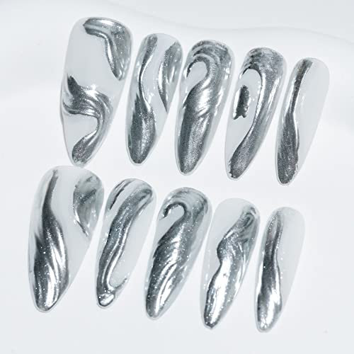 Sun&Beam Nails Handmade Long Almond Stiletto Silver False Nail Tips with Cute Metal Popular Charm Design Press On Nails 10 Pcs (#63 M)