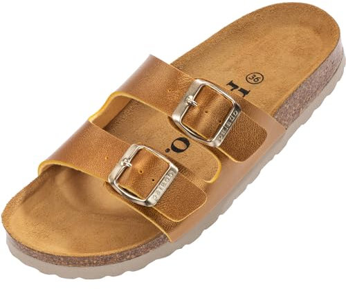 Palado Pantoletten Damen Milos Metallic – elegante Sandalen Made in Spain - bequeme Hausschuhe mit Kork-Fußbett - modische Sommerschuhe senf gold UK3,5 - EU36