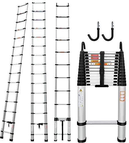 Scala telescopica multiuso, 4,4 m, scala estensibile con 2 ganci, 15 gradini, altezza regolabile e piedini in gomma, carico massimo 150 kg, EN131
