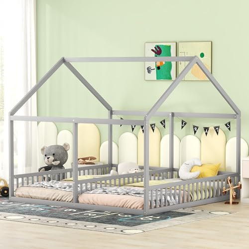 Merax Hausbett 90x200cm, 2-in-1 Kinderbett mit Rausfallschutz und Lattenrost, Funktionsbett Doppelbett für Zwei Kinder, Holz Baumhausbett für Mädchen & Jungen, Flachbett, Ohne Matratze, Grau