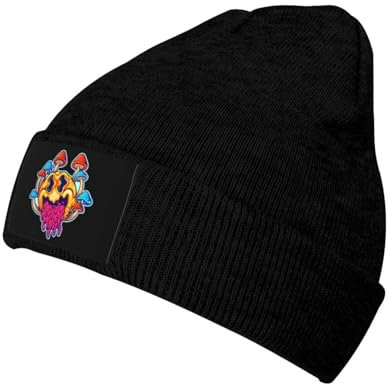 Diari Terror of Psychedelic Mushrooms Beanie-Mütze für Herren und Damen, Winter, warm, Strickmütze, weich, gemütlich, Totenkopfmütze, Schwarz , One size