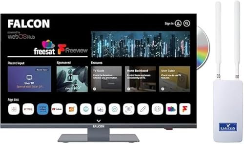 Falcon 27 Inch WebOS Combo Smart TV with 150Mbit mobile Router, Mirrorcast,Apple Play, DVD Player, 12/24V Camping TV, Triple Tuner, Freesat, Freeview, Bluetooth, Voice Control, Pitch Perfect Sound