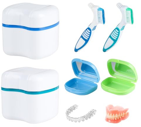 SUPAWAY 2 Boîte à prothèses+2 Boîte dentaire avec miroir Conteneur de prothèses avec tamis Étui pour prothèses dentaires avec 2 Brosses de nettoyage prothèses pour stockage trempage nettoyer Bleu+Vert