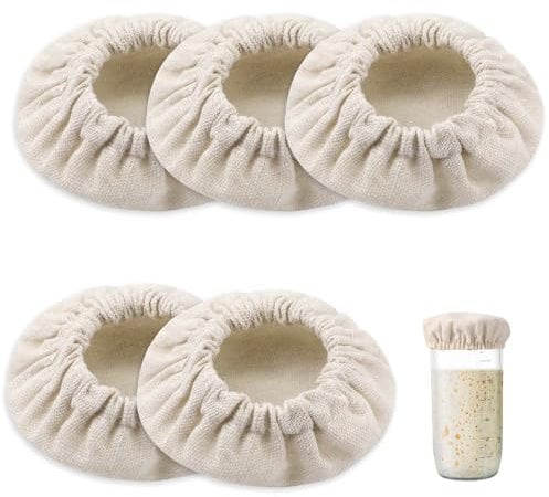 5pcs Sourdough Starter Jar Cloth Covers, Reusable Cotton Cloth Covers Unbleached Rising Bread Jar Lid Proofing Organic Fermentation Fabric Cover Bowl Covers for 3-4 Inch Jar Mouth Baking Supplies