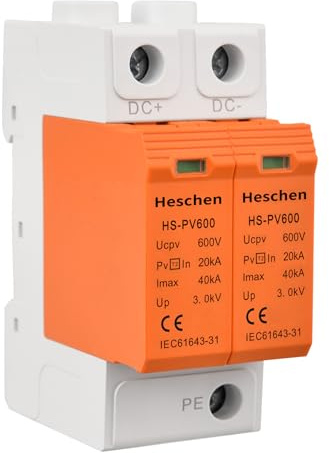 Heschen Dispositivo de protección contra sobretensiones para PV, 20KA, ignífugo, montaje en carril DIN de 35 mm (HS-PV600, 2P 600VDC)