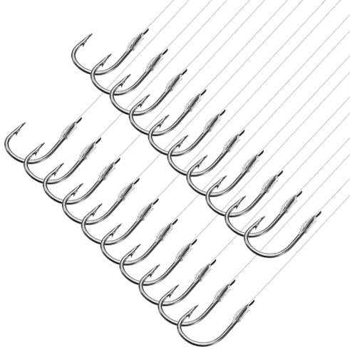 PATIKIL 4# Small Fishing Hooks with 45cm Line, 20Pcs 0.37x0.19 Inch Double Hook Rigs with Barbs Fishing Hook on Nylon Line for Freshwater, Silver Tone