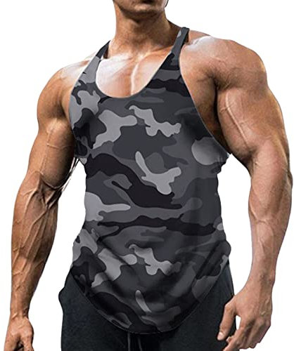 Men's Workout Tank Top Running Bodybuilding Training Sleeveless Shirt Men's Scoop Neck Sleeveless Shirt Camouflage Vest Outdoor Sports Shirt Fitness Top Men's Clothing Sleeveless T-Shirt, darkgray, M