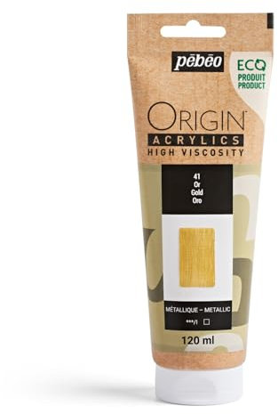 Pebeo - Origin Acrylics 120 ml - Peinture Acrylique Éco-Conçue - Haute Viscosité - Finition Métallique - Liant 100% Recyclé - 96% de Matières Premières d’Origine Européenne - Or