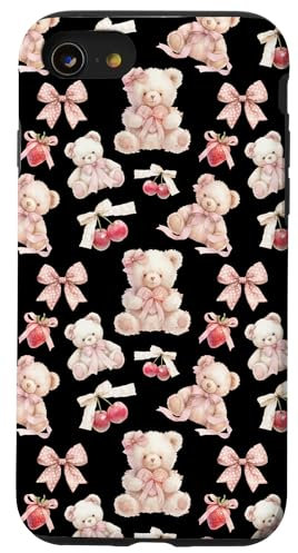 iPhone SE (2020) / 7 / 8 Cute Bear with Girly Ribbons and Bows, Jet Black Case