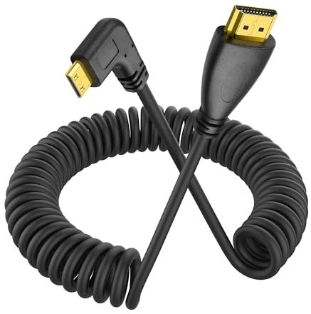YACSEJAO Cavo a spirale Mini HDMI a 90 gradi Mini HDMI maschio a HDMI maschio Cavo a spirale allungato per fotocamere, reflex digitali, videocamere, schermi e monitor portatili (Angolo sinistro)