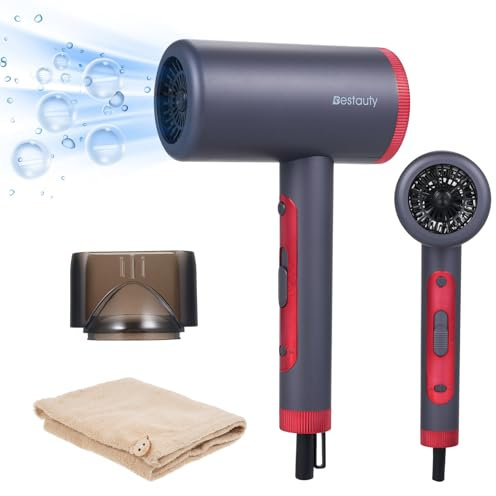 Bestauty Secador Pelo, Secador de Pelo Ionico con 3 Ajustes de Calor y Botón de Aire Frío, 2000W, Interruptor de Iones Negativos, Protección Contra Sobrecalentamiento, para Hombre y Mujer(Gris-rojo)