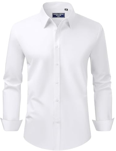 Alimens & Gentle White Button Down Shirt Men Regular Fit Stretch Stain Shield Long Sleeve Solid Party Wedding Shirts,White,Medium
