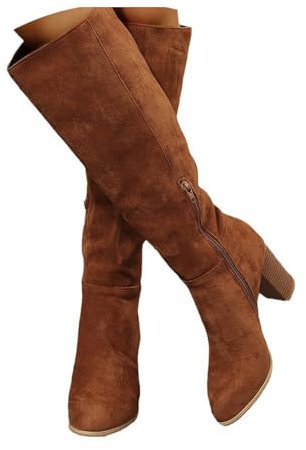 MEECHI Stivali da Cowboy da Donna con Gambale Lungo Boots Western con Tacco Largo Stivali Alti in Pelle Scamosciata Impermeabile con Cerniera Scarpe Autunno Inverno for Esterni, Feste(Brown,40 EU)