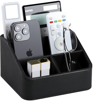 MEIBOOCH Remote Control Holder, PU Leather Small Desk Organizer Stylish Cute Desktop Organizer for Home Office Desk Accessories, Remote Caddy Bedside Nightstand Organizer for Women Men (Black)