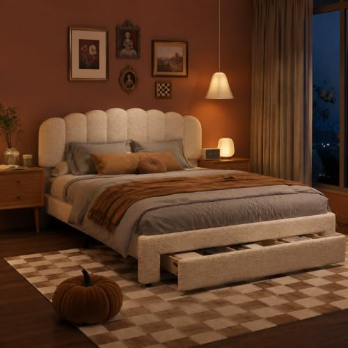 PerGar Doppelbett 160x200 cm, Polsterbett Bettrahmen mit 1 Schubladen, Höhenverstellbares Kopfteil mit USB, Jugendbett Gepolstertes Bett mit Lattenrost, Teddy Velvet, Beige, Ohne Matratz