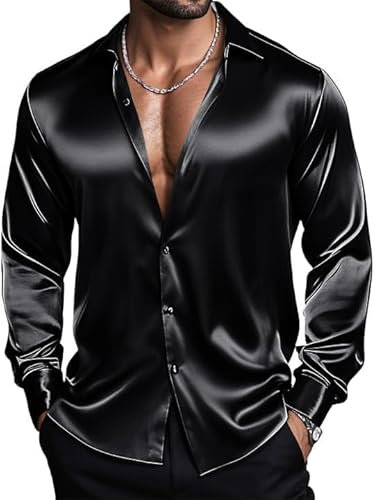 Barry.Wang Men's Black Shirts Long Sleeve Dress Shirt Stretch Solid Button Down Satin Shirt Formal Casual Business Wedding