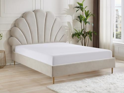 Vente-unique-Bett mit Kopfteil in Muschelform - 160 x 200 cm - Stoff - Beige - LIVAYA