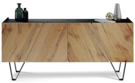 MOBILI FIVER, Emma 4-türiges Sideboard mit schwarzen Beinen, Schwarzer Beton und rustikale Eiche, Made In Italy