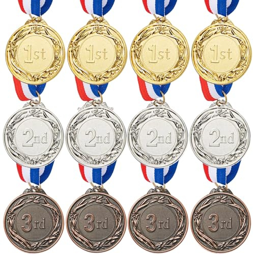 12 Stück Metall Medaillen Gold Silber Bronze, Gewinner Auszeichnung Medaillen mit Band & Gravur, für Kinder & Erwachsene Sport Wettkämpfe Party Spiele (5 cm)