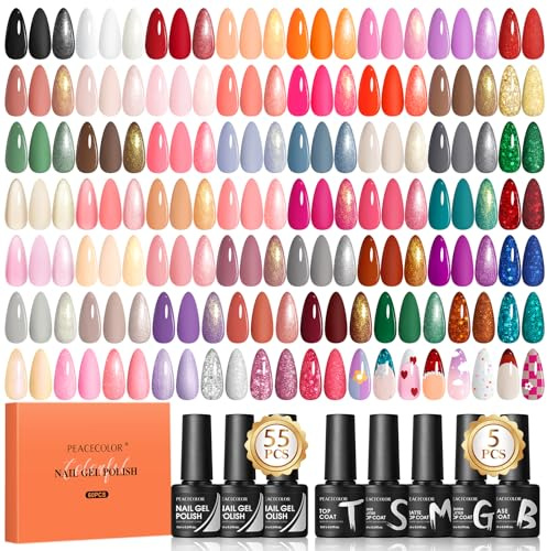 Peacecolor 60PCs Gel Nail Polish Set 55 Spring Summer Colors Pink Red White Gel Polish with 5Pcs Glossy/Matte/Glitter Top Base Coat Soak Off Long Lasting Manicure Kit Gifts for Women DIY Home