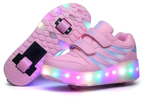 Lengender Enfant Chaussures avec roulettes LED Lumineux Baskets avec USB Rechargeable Double Roue Extérieur Skateboard (Rose, Adolescent, 30, Numérique, Système Taille Chaussures EU, Moyen)