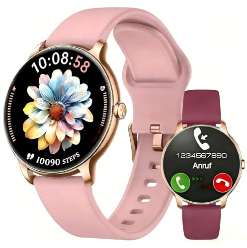 Smartwatch Damen Rund Dünne Fitnessuhr für Android/iOS, IP68 Wasserdicht | WhatsApp‑Empfang, 1,32 Zoll AMOLED, flaches Gehäuse, Telefonfunktion, Schrittzähler, 100+ Sportmodi, Pink/Lila Bänder Silikon