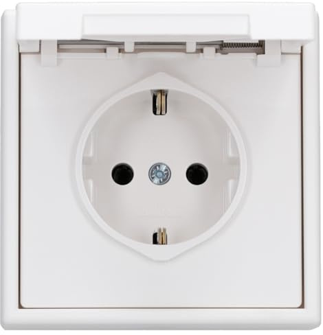 JUNG Serie LS IP44 Klappdeckelset Schneeweiß Matt 1-fach | mit LS1521KLWWM SCHUKO Klappdeckel-Steckdose, 551WU Dichtungsflansch, LS981WWM Rahmen