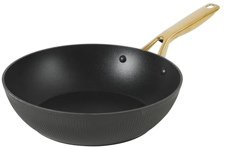 Oster Platinum Abbottsford 11-Inch Matte Black Ceramic Nonstick Wok with Gold Stainless Steel Handle — Flat Bottom, Oven & Induction Safe