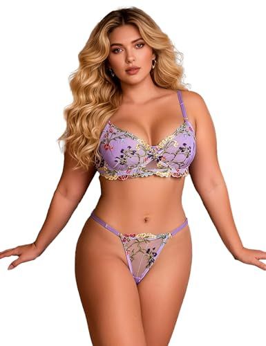 comeondear Underwire Sexy Lingerie Bra and Knickers Sets Women 2 Pieces Matching Underwear Lilac Bras and Sheer Mesh Thongs Sleepwear Size S