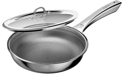 EvoFar 24cm Tri-Ply Stainless Steel Non Stick Frying Pan with Lid | Induction Pan for Even Heat Cooking, Heat-Resistant Handle, Suitable for All Hobs, PFOA & PFAS Free