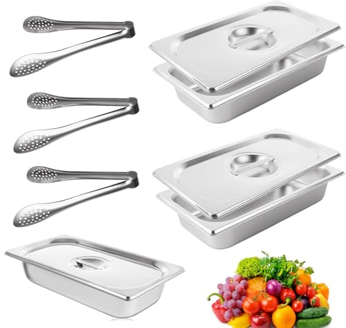 Elyyapt 3 PCS Gastronorm Pan 1/3 Stainless Steel Bain Marie Food Container Pan Pots Catering Service Tray Steam Table Hotel Pans with Lids, 3 Kitchen Tongs for Restaurant Buffet Party, 65mm Deep