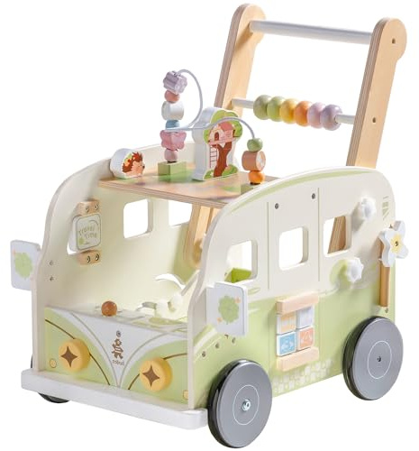 ROBUD Baby Lauflernhilfe Holz, Interaktiver Lauflernwagen, Einstellbare Geschwindigkeit & Höhe Baby Walker, Motorikspielzeug Geschenk für Kleinkinder ab 10 Monaten-1-2 Jahren