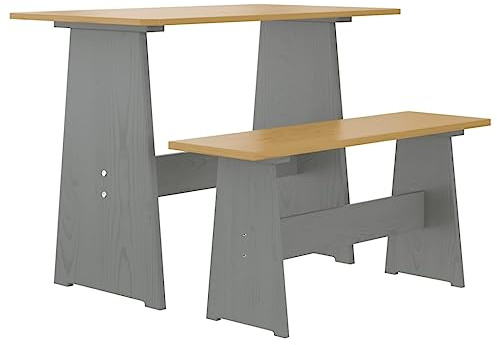 Hoopleep Reine Essgruppe, Honigbraun und Grau, Massivholz Kiefer, 100x60cm Esstisch mit Bank, langlebiges Küchenmöbel Set für Esszimmer, rustikales Design