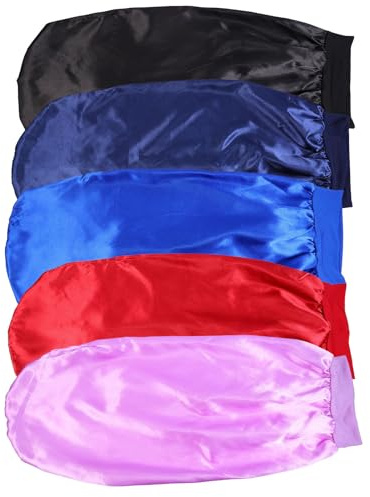 Mikikit 5pcs Satin Sleeping Caps for Women Long Tube Elastic Hair Protection Hats Multi-Color Set Black Navy Burgundy Purple Blue Suitable for Night Hair Care