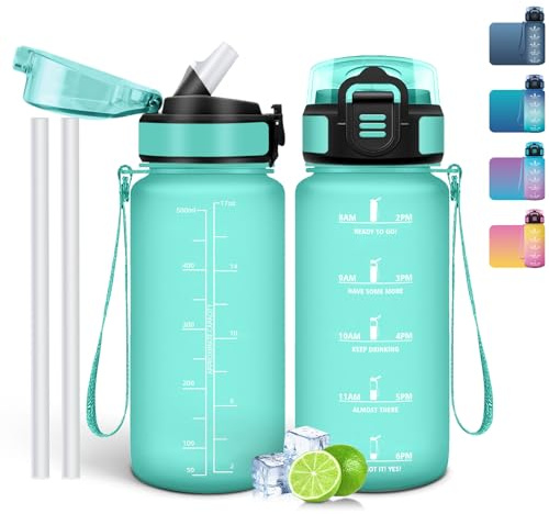 Mulbijeo Trinkflasche 500 ml, Auslaufsicher, Wasserflasche BPA-Frei, Motivierende mit Zeitmarkierung, Trinkflasche mit Strohhalm Türkis
